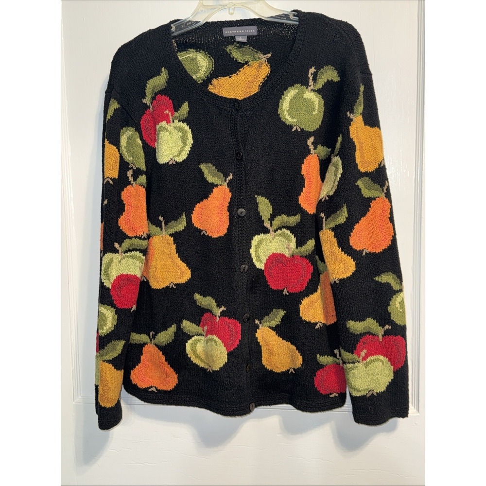 VTG Northern Isles Cardigan Sweater Fruit Kitsch L Double Sided Whimsical